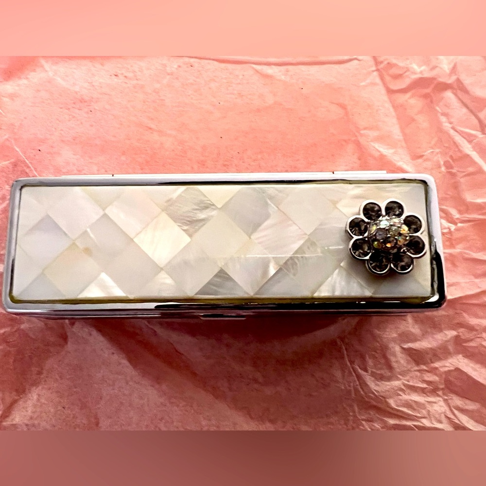 Fashionable Lipstick Case Holder with Mirror - Faux Rhinestone Flower